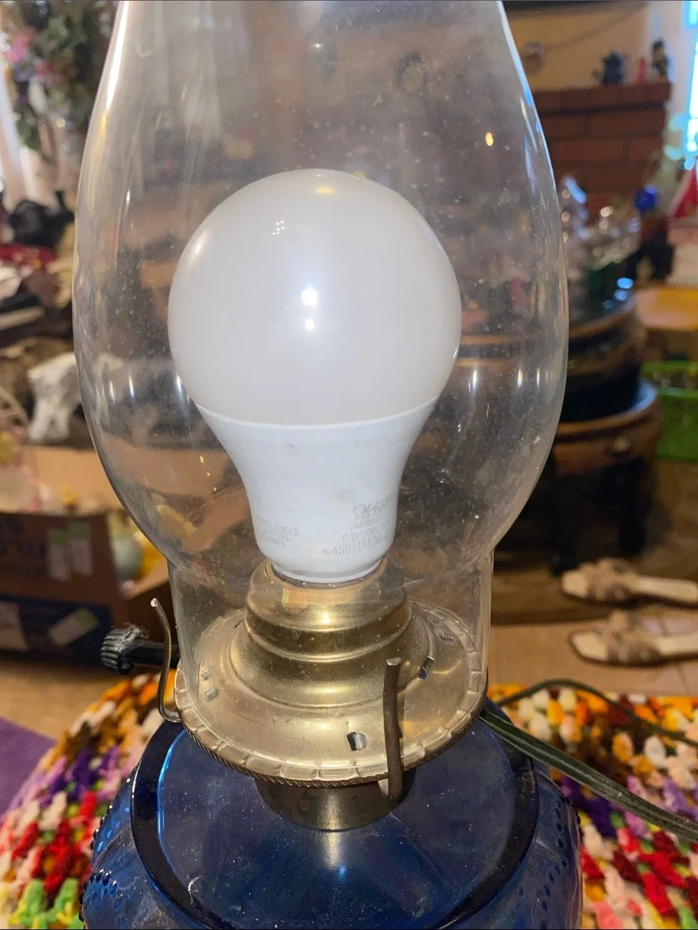Vintage Findlay Queen Of Hearts Blue Glass Electric Oil Lamp clear Glass Chimney